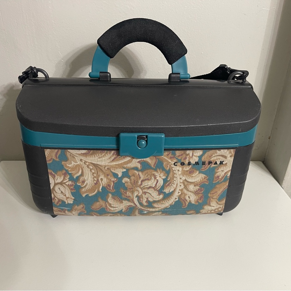 Vintage Caboodles Teal and Black Floral‎ Patterned Hair Accessory Case